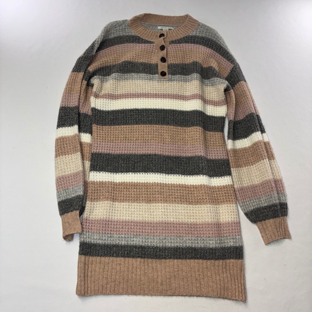 628 Boho American Eagle M Henley Sweater Dress Small Multi Color Waffle Knit